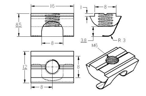 Sliding block 8-30, sliding, M6 galvanized spring plate