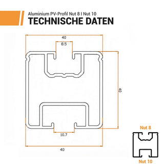 Querschnitt des PV-Profils mit Nut 8 oben und Nut 10 unten